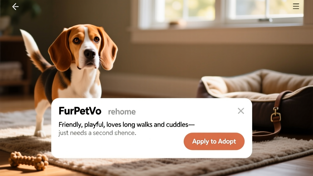 Screenshot-style image showing a FurPetVo Rehome profile page with a Beagle's photo, bio section, and 'Apply to Adopt' button