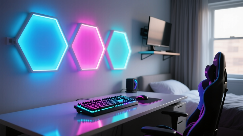 Close up of glowing hexagonal LED light panels mounted on a bedroom wall above a gaming desk with a mechanical keyboard