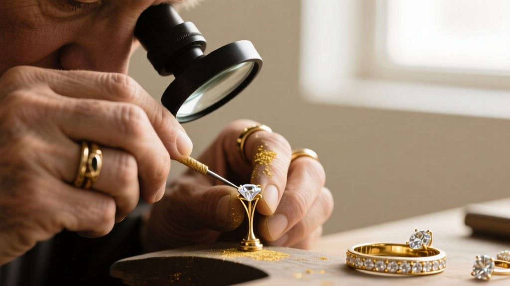 Macro photography of a jeweler's loupe examining the hallmarks on the inner shank of an 18k rose gold vintage signet ring.