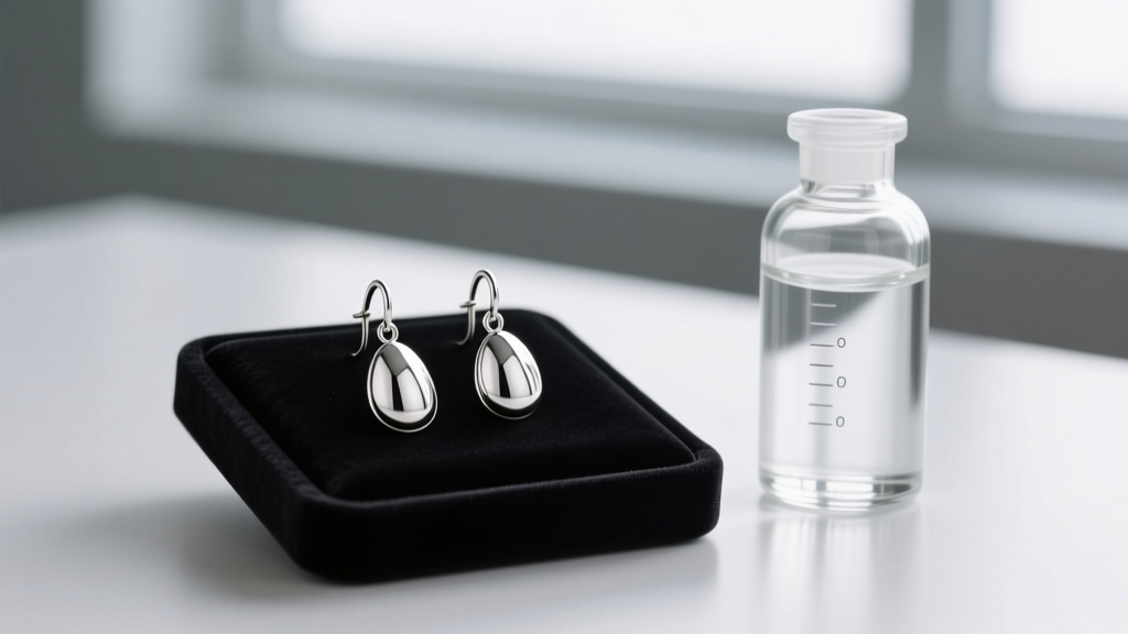 Polished sterling silver drop earrings resting on a black velvet assay pad next to a glass bottle of silver testing acid solution