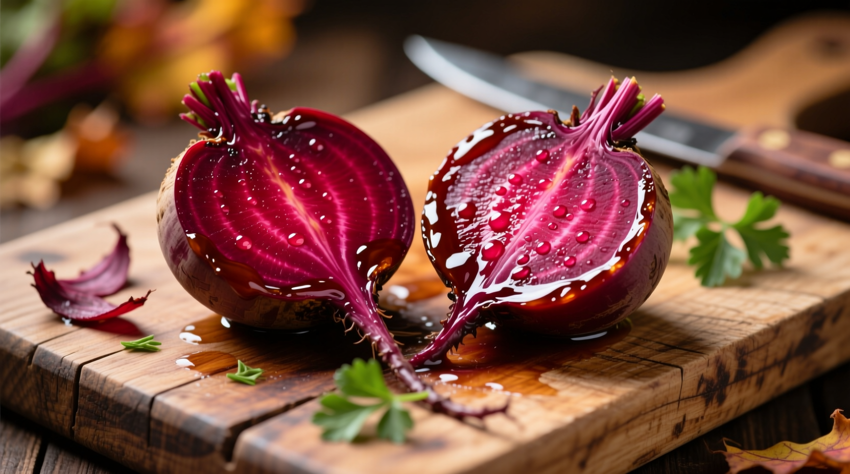 Perfectly roasted beetroot halves on wooden cutting board