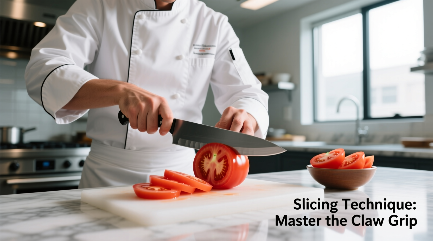 Professional chef demonstrating proper tomato slicing technique