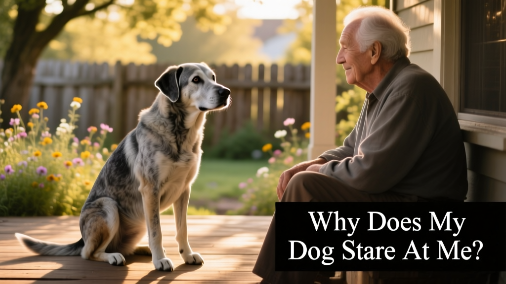 An older dog sitting quietly, gazing softly toward its owner with calm, relaxed posture
