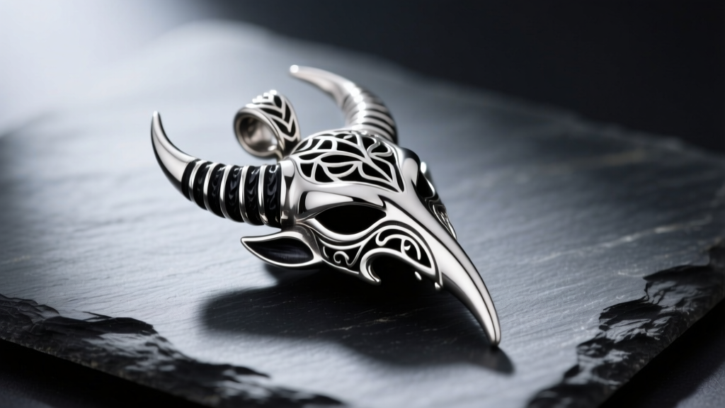 Close-up of an intricately cast 925 sterling silver devil horn pendant with deep black oxidation in crevices, resting on dark slate.