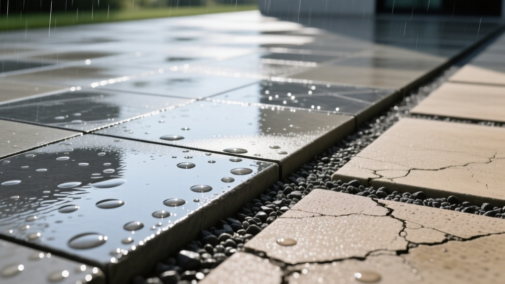 Close-up of a wet stamped concrete patio with a slate pattern showing water pooling near a contrasting exposed aggregate non-slip walkway