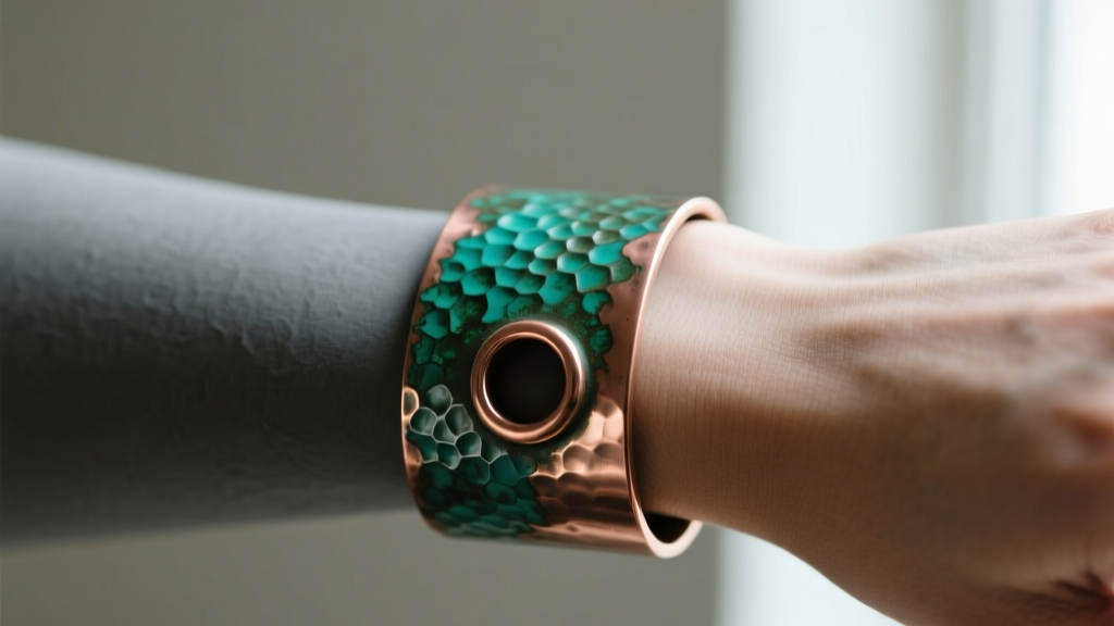 8-gauge raw copper brutalist cuff on slate, showing intentional verdigris patina and hammered textures in soft light