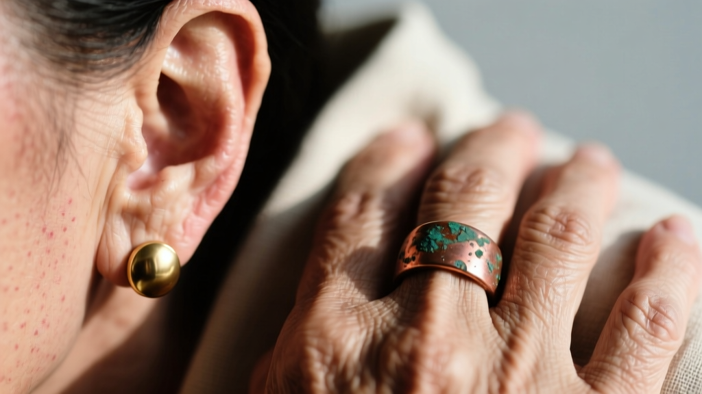 Macro shot of an irritated earlobe wearing a brass alloy stud earring beside a hand with a tarnished copper ring on soft linen.