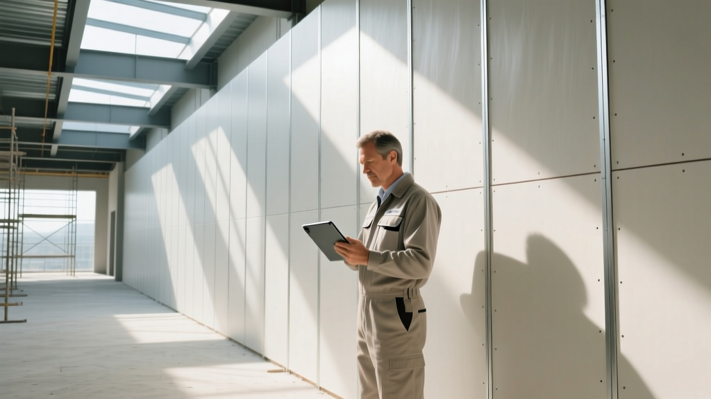 Inspector holding tablet examining framed wall covered in ultralight gypsum board panels on a bright commercial construction site