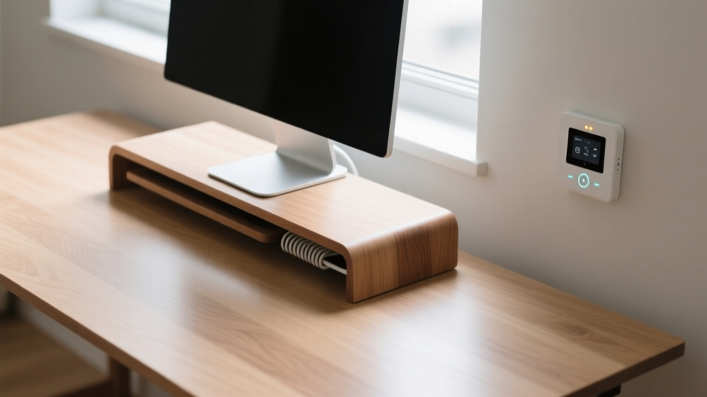 Overhead view of a streamlined desk showcasing a wooden monitor stand with hidden cable management and a wall-mounted smart control panel.