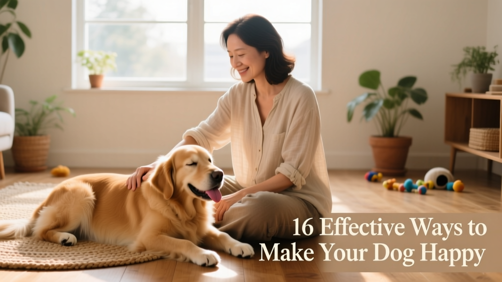 Owner sitting cross-legged on the floor, gently stroking a relaxed dog lying beside them