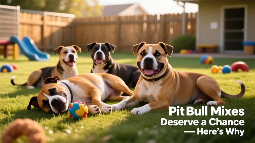 A diverse group of healthy, happy Pit Bull mixes lounging together in a sunlit shelter play yard