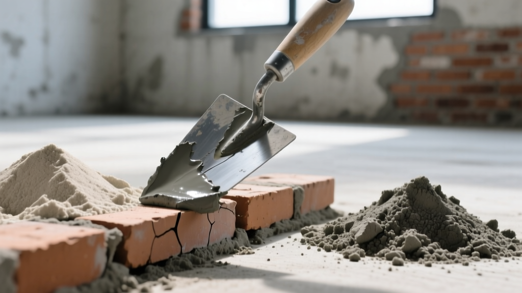 Close-up of a trowel applying fresh gray mortar to a cracked brick joint, with piles of fine mason sand and coarse concrete sand nearby