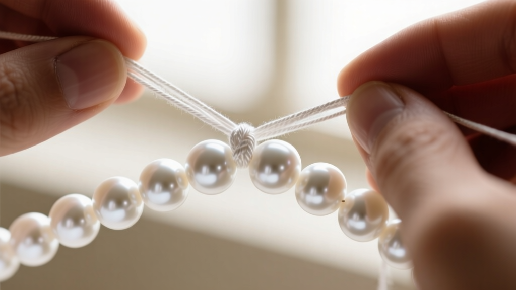 Extreme close-up of a jeweler knotting white size-E silk thread between perfectly round, lustrous white Akoya pearl beads.
