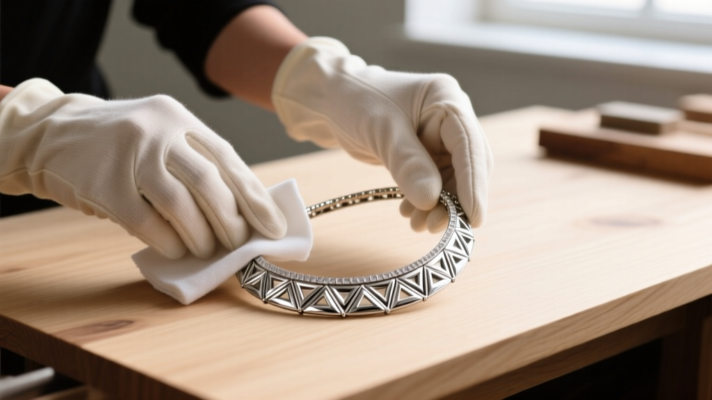 Hands in cotton gloves wiping a silver statement collar necklace with a microfiber cloth on a clean, well-lit wooden workbench