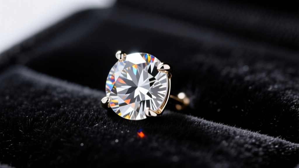 Close-up of a Hearts On Fire diamond stud on velvet, showing precise facets and 18k white gold prongs under bright studio lighting