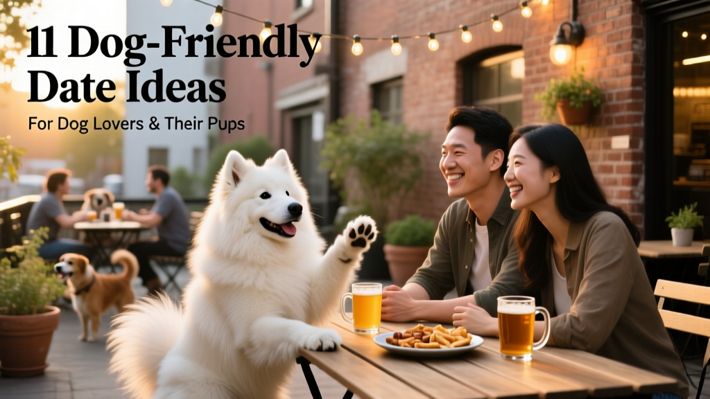 A cheerful Samoyed sitting beside a couple at an outdoor brewery patio, with mugs on the table and string lights overhead