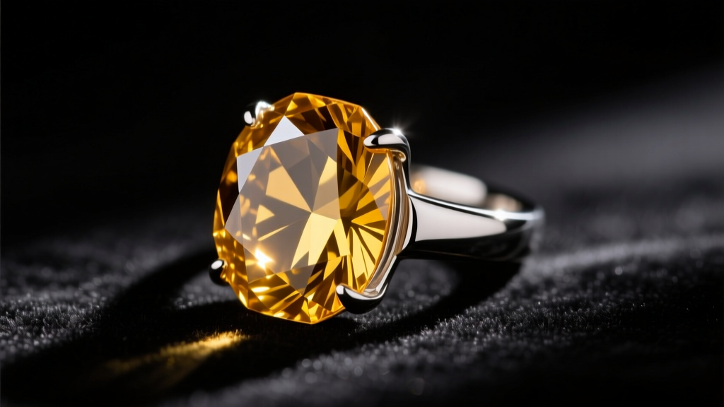Close-up of a faceted citrine crystal jewelry ring resting on dark velvet cloth, illuminated by soft, warm directional lighting.