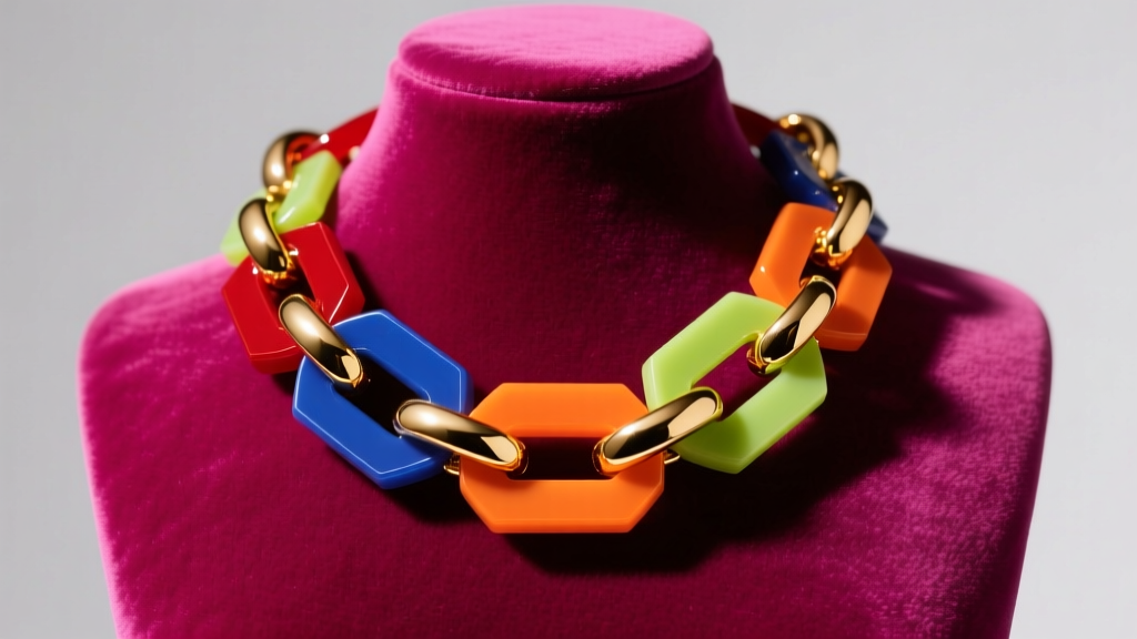 Chunky multi-colored acetate link necklace with heavy gold clasps on a magenta velvet bust under bright, directional studio lighting.