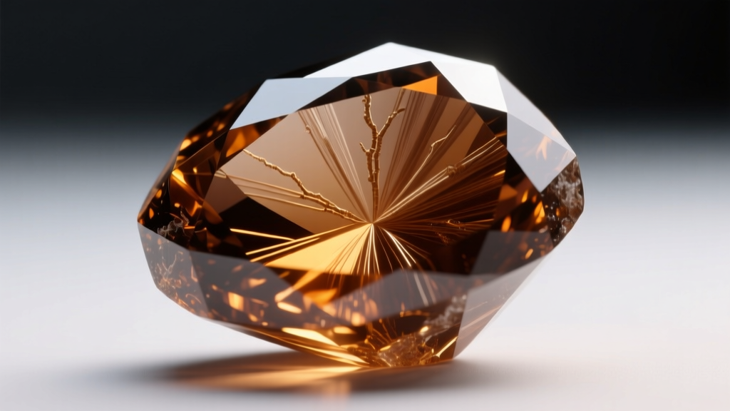 Macro view of smoky quartz gemstone showing internal rutile inclusions and color zoning under bright microscope lighting.