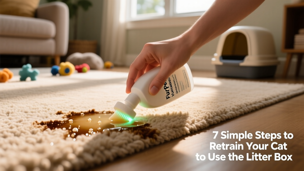 Hand applying FurPetVo enzymatic cleaner to a carpeted area with visible stain treatment indicator