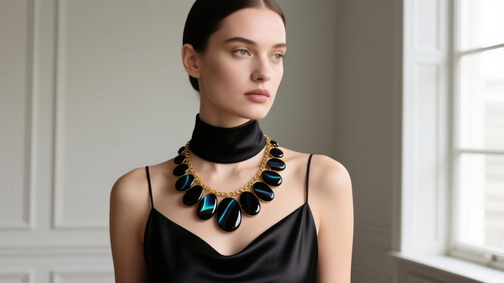 Portrait of a model wearing a 24-inch black agate opera necklace layered with a delicate gold chain over a dark silk slip dress