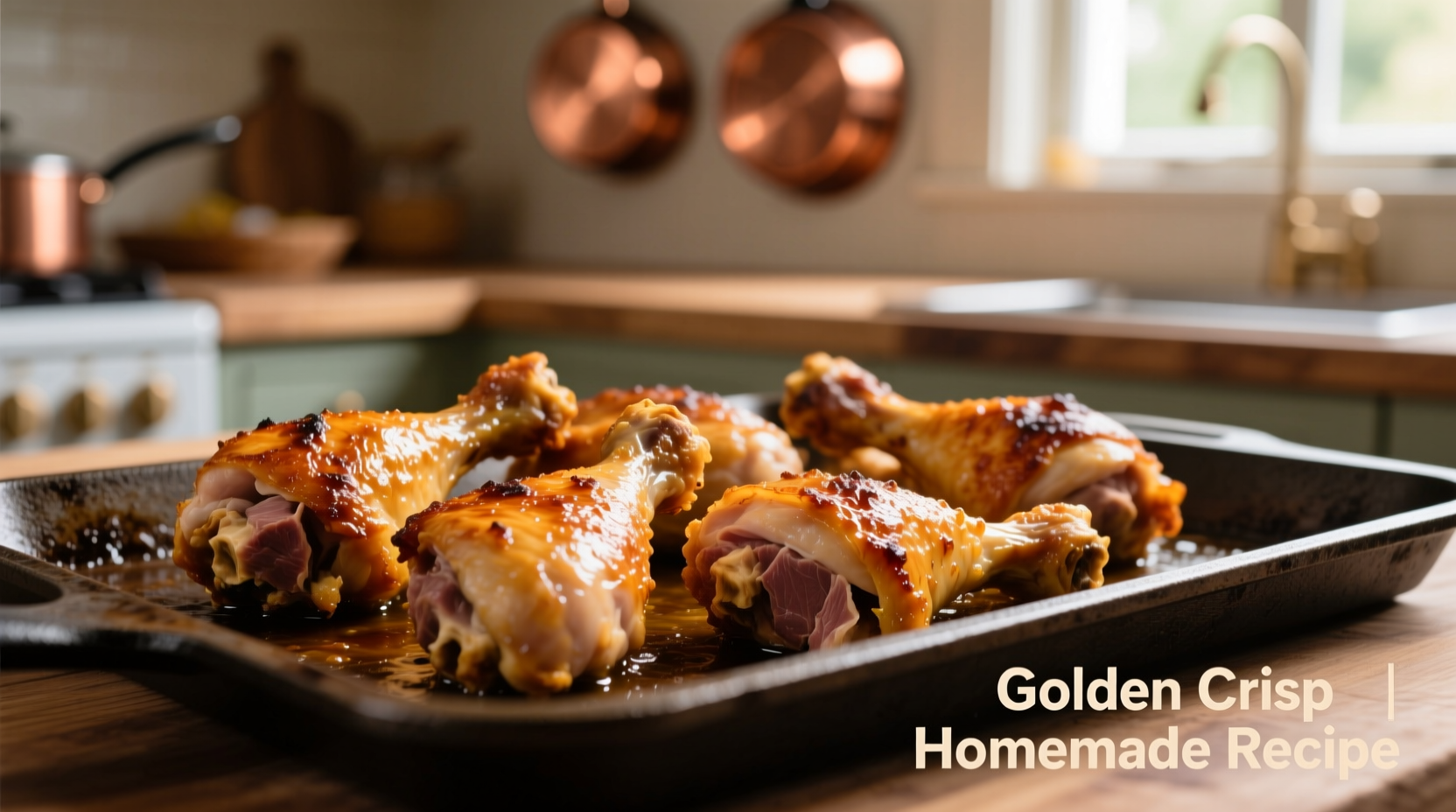 Crispy golden brown chicken leg quarters on baking sheet