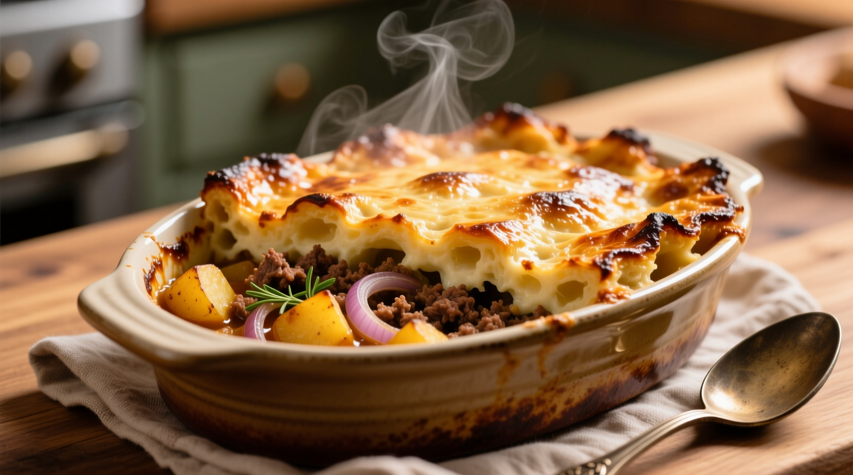 Golden baked ground meat and potato casserole with crispy edges