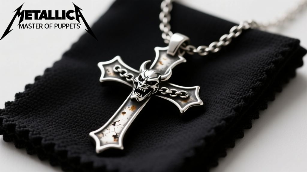 Close-up of a tarnished sterling silver Metallica Master of Puppets cross necklace resting on a black microfiber cleaning cloth.