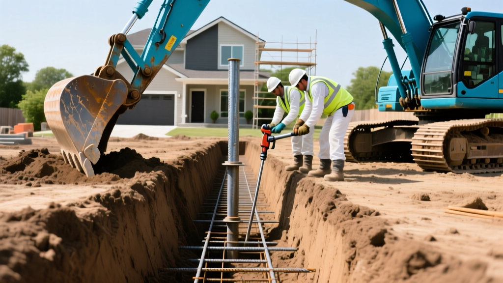 Excavator digging a deep trench next to a house foundation while workers install steel helical piers for structural support