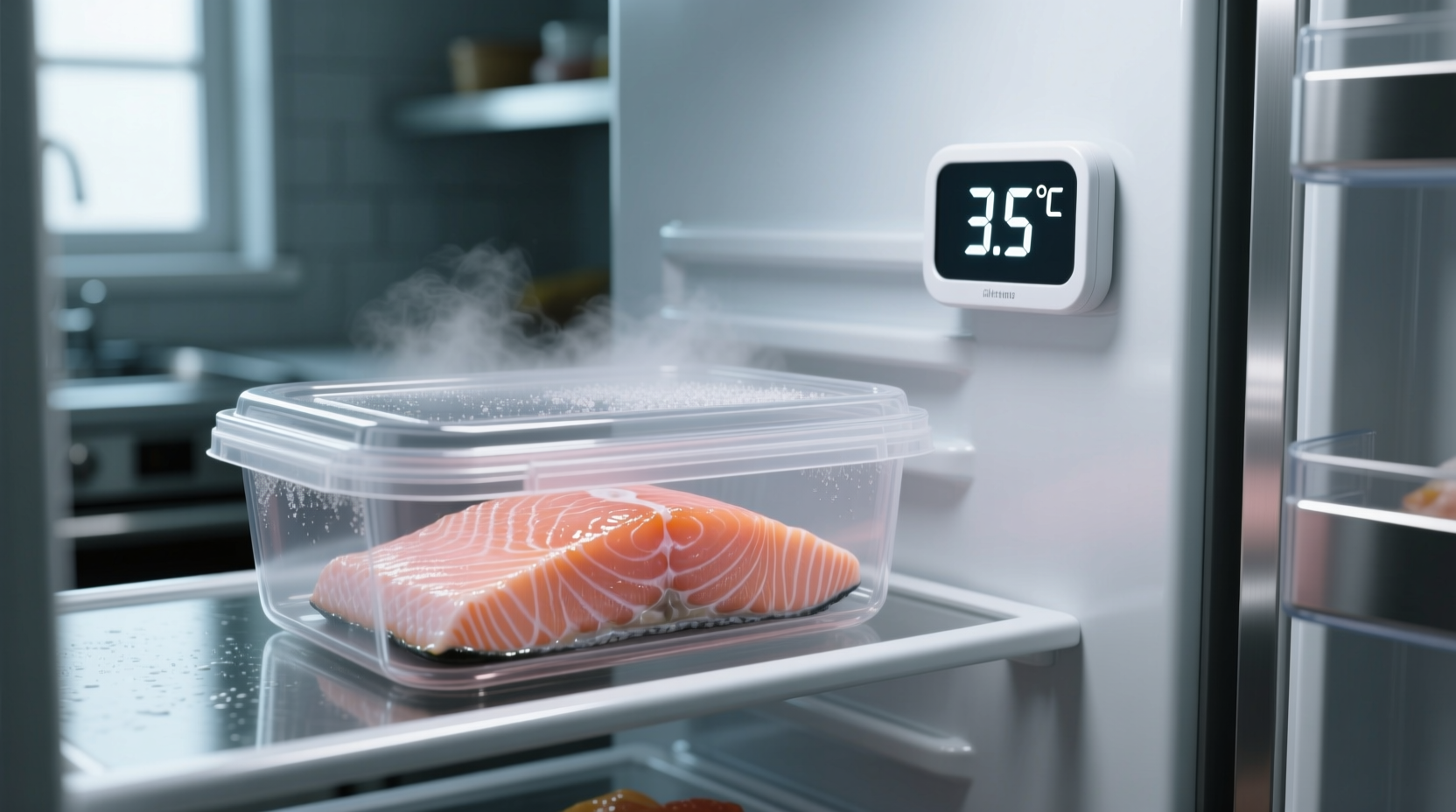 Cooked salmon in airtight container with refrigerator thermometer
