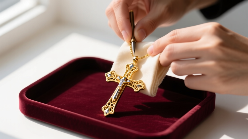 Hands polishing a 24k gold cross necklace with a microfiber cloth on a velvet tray, illuminated by warm, natural window light.