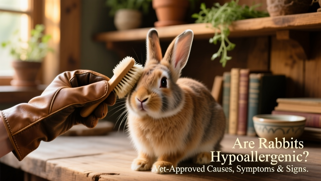 A person wearing gloves while gently brushing a short-haired rabbit with a soft brush