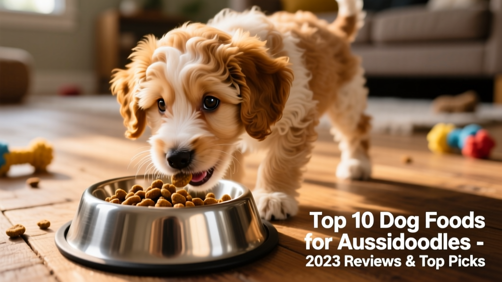 Close-up of a young Aussiedoodle puppy eating kibble from a stainless steel bowl