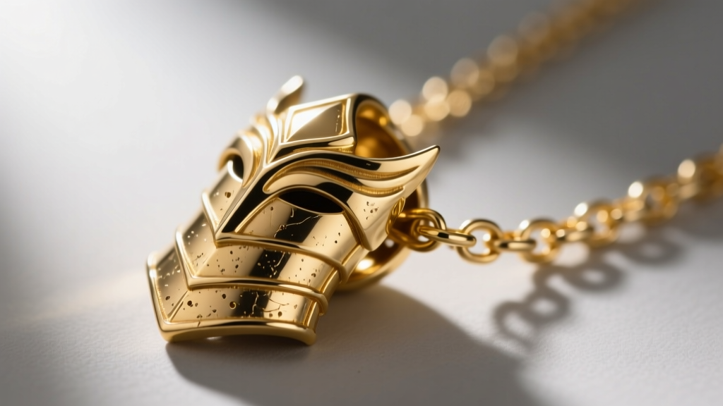 Macro shot of a gold plated armour of god necklace bail and chain, showing minor wear on the high-relief edges of the cast metal.