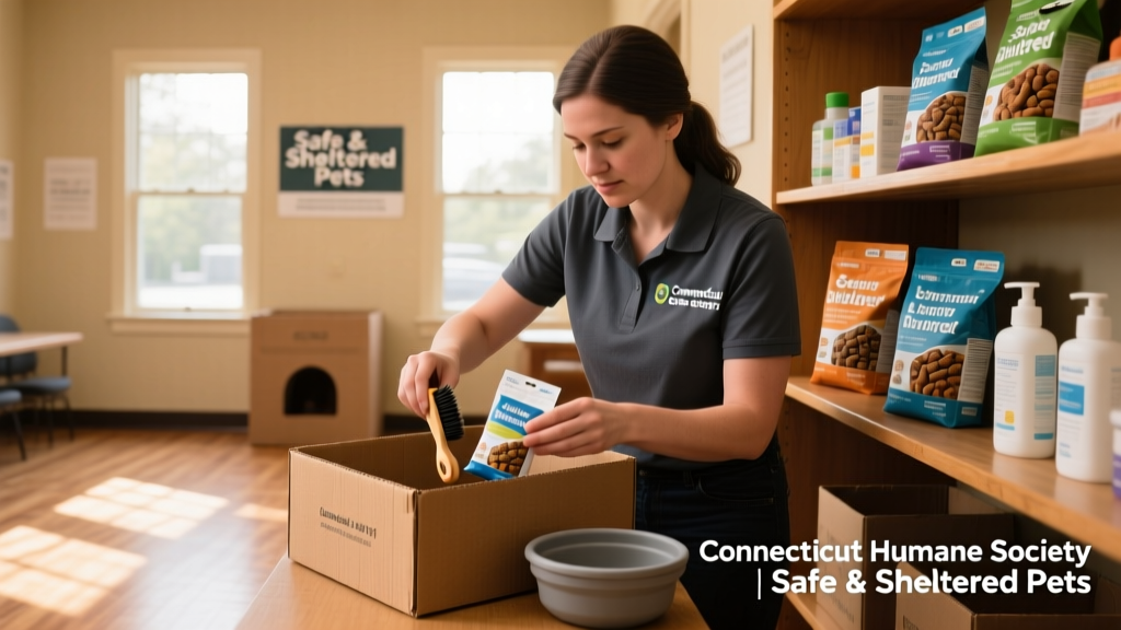 A volunteer preparing a pet food pantry box with kibble, treats, and hygiene supplies for a family in need