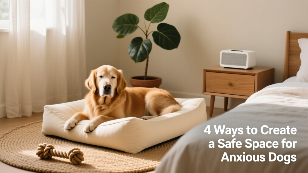 A calm, relaxed dog lying on a soft bed in a quiet, softly lit room with a white noise machine and chew toy nearby