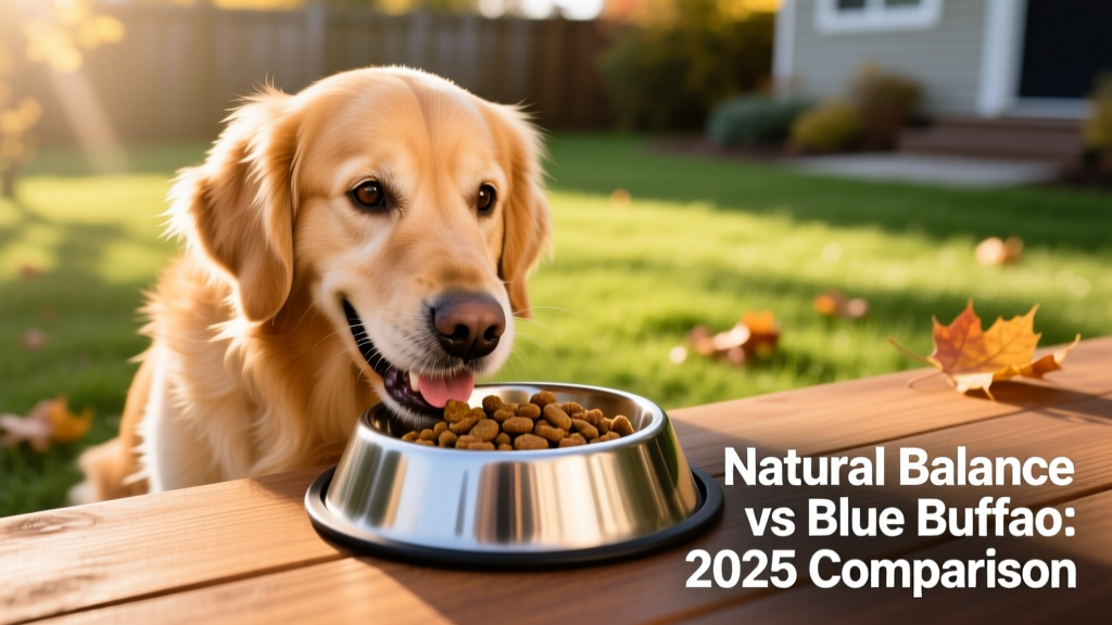 Happy golden retriever eating from a stainless steel bowl filled with Natural Balance kibble