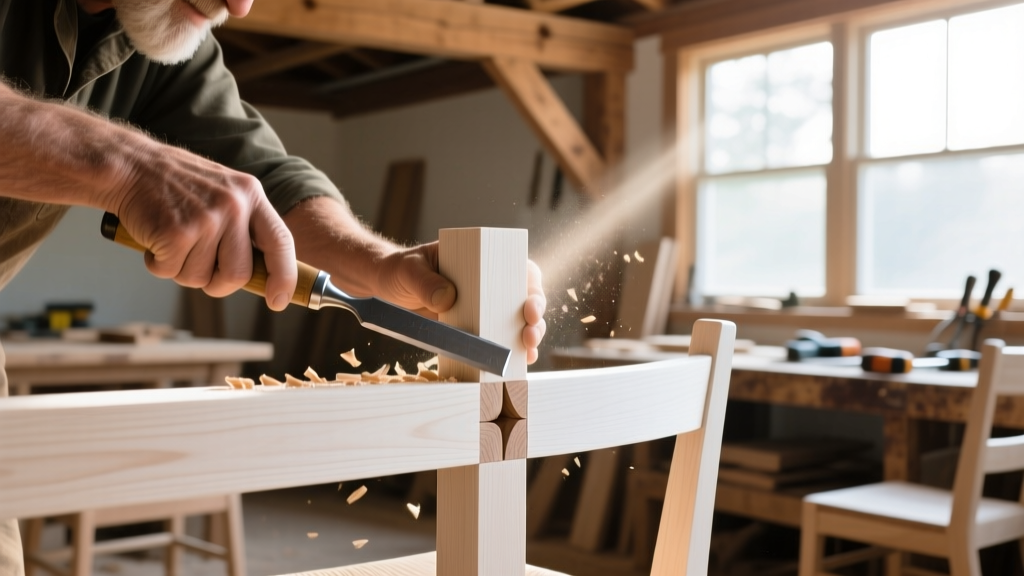 Close-up of a craftsman using a chisel on a white oak mortise and tenon joint for a custom dining chair in a sunlit woodworking shop