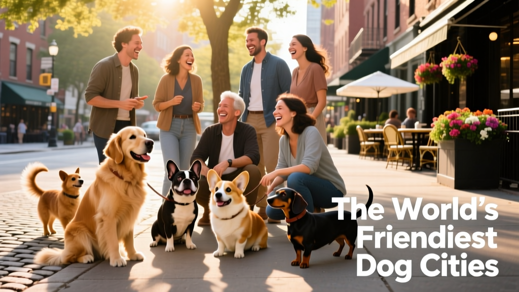 A joyful group of dog owners and their pets gathered on a sunny city sidewalk, smiling and chatting