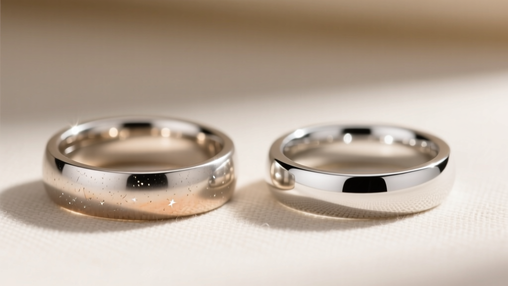 Macro comparison of a scratched 950 platinum wedding band showing a soft patina next to a bright rhodium-plated white gold ring.