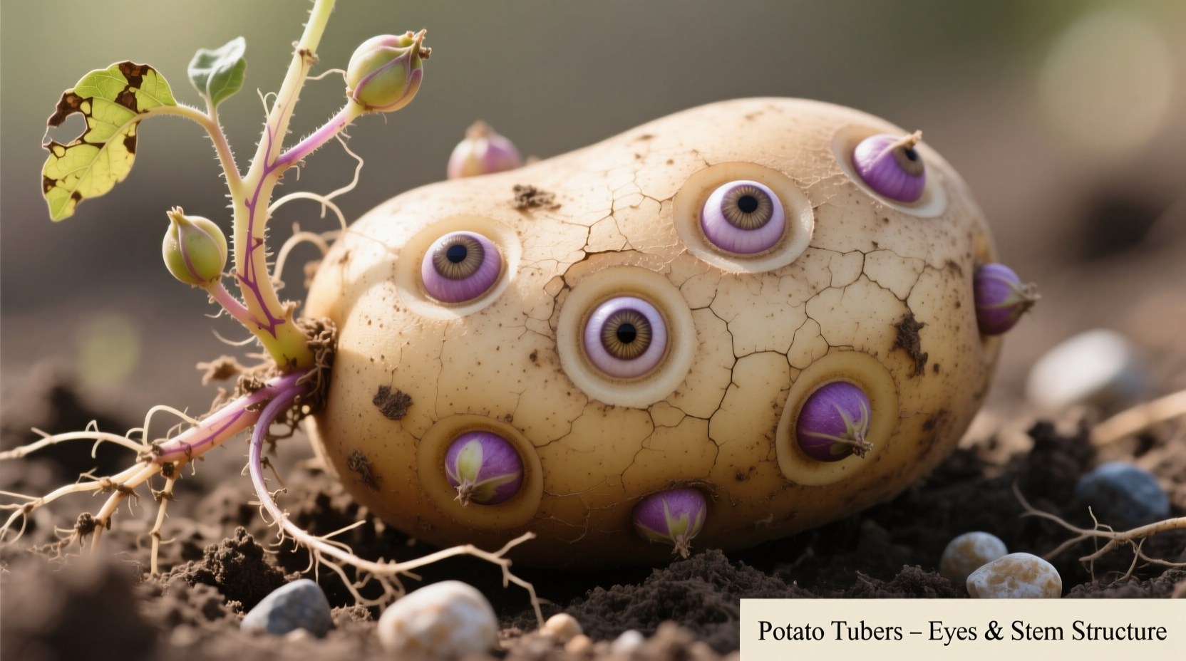 Potato tuber showing eyes and stem structure