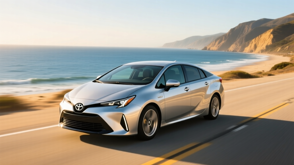 Silver 2026 Toyota Prius driving on a coastal highway showcasing its aerodynamic design and highly efficient hybrid powertrain