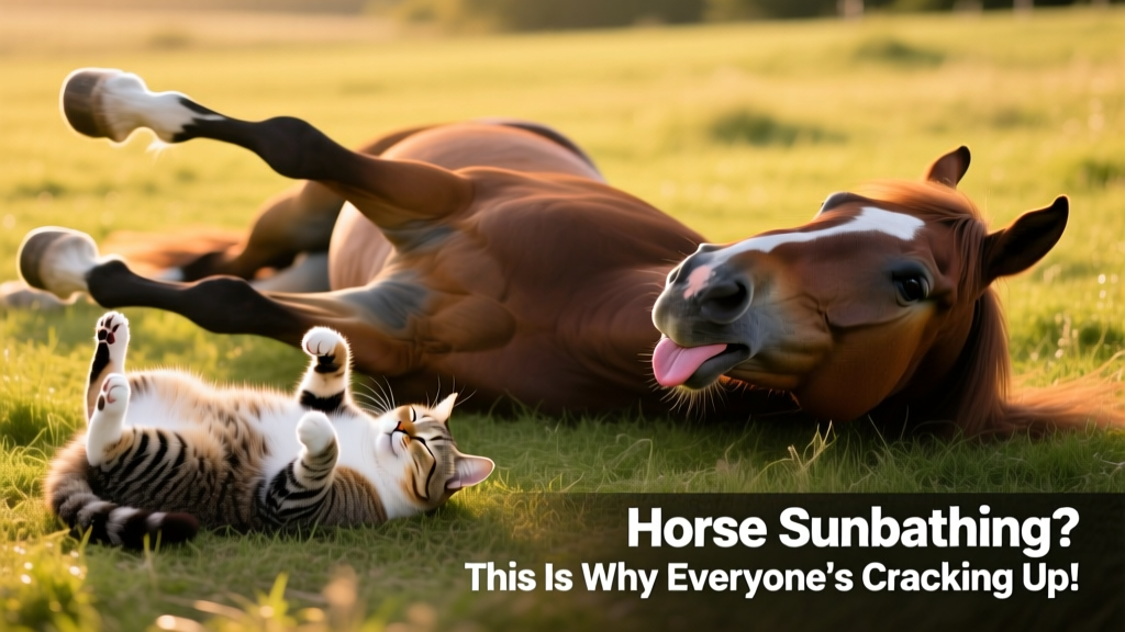 Side-by-side comparison showing a cat and a horse both lying on their backs in relaxed poses