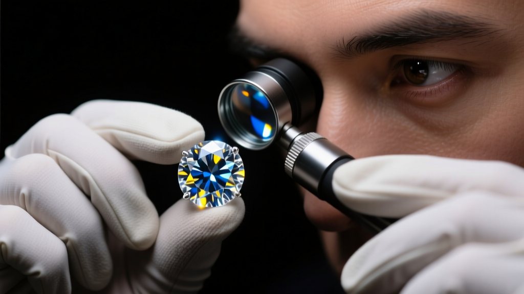 Close-up of a jeweler using a 10x triplet loupe to inspect the pavilion facets of a round brilliant diamond under bright LED light