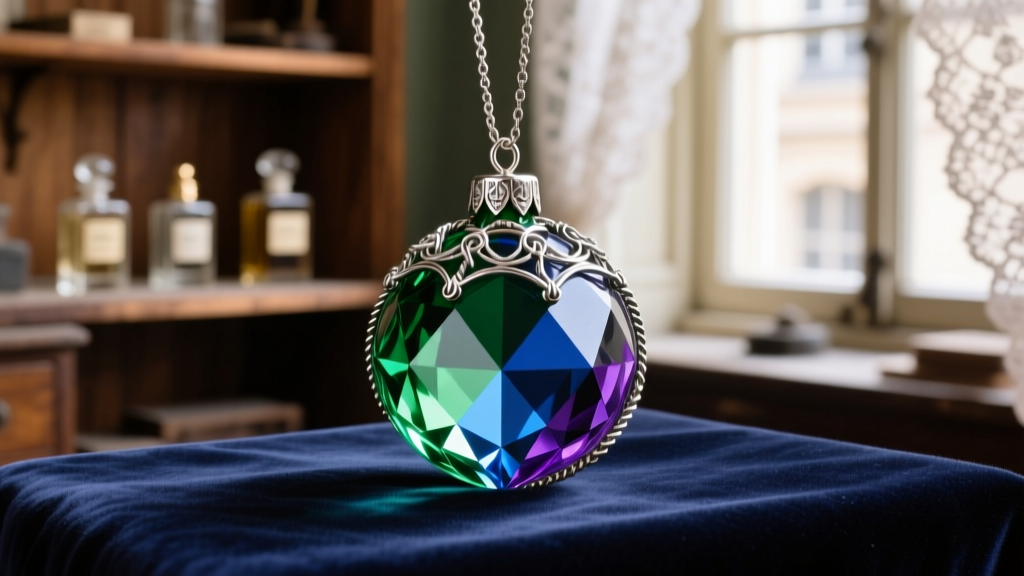 Wire-wrapped 1920s Baccarat crystal pendant upcycled into French vintage baubles jewelry, resting on dark velvet in soft light