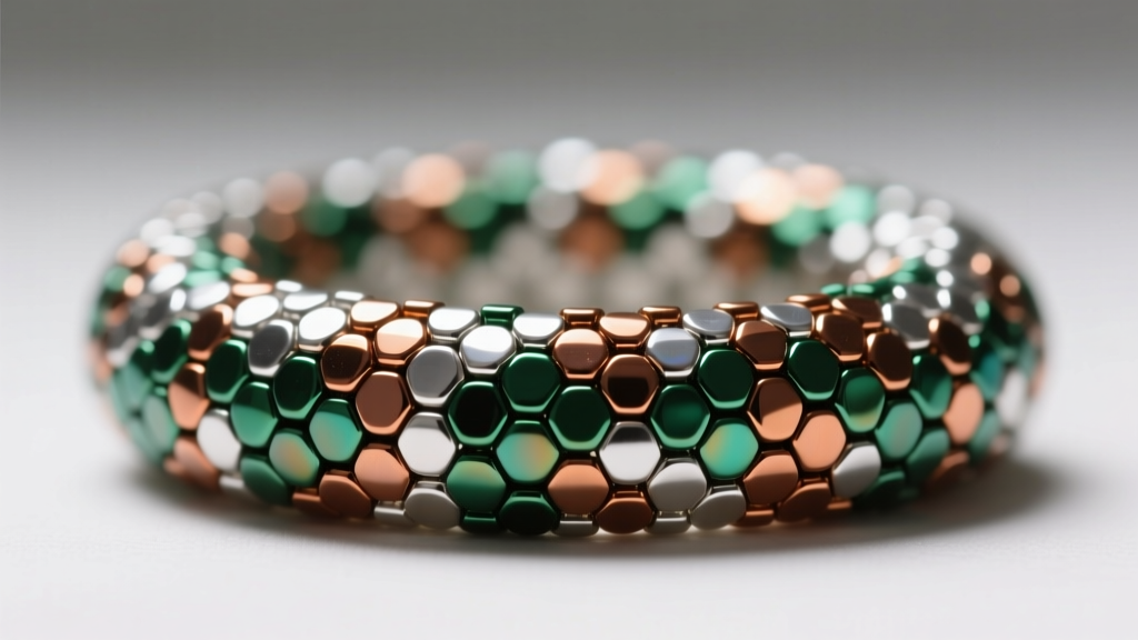 Macro shot of tubular peyote stitch beadwork using metallic Miyuki Delica seed beads forming realistic reptile scales