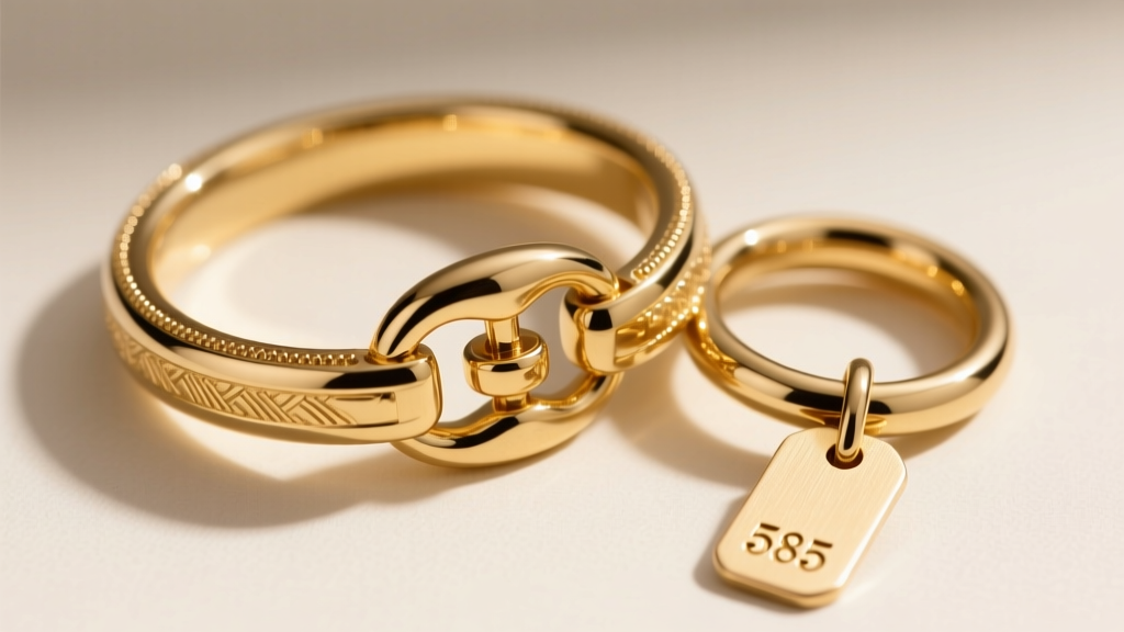 Extreme close-up of a 14k gold lobster clasp and jump ring, with the 585 hallmark stamp clearly visible on the small metal tag