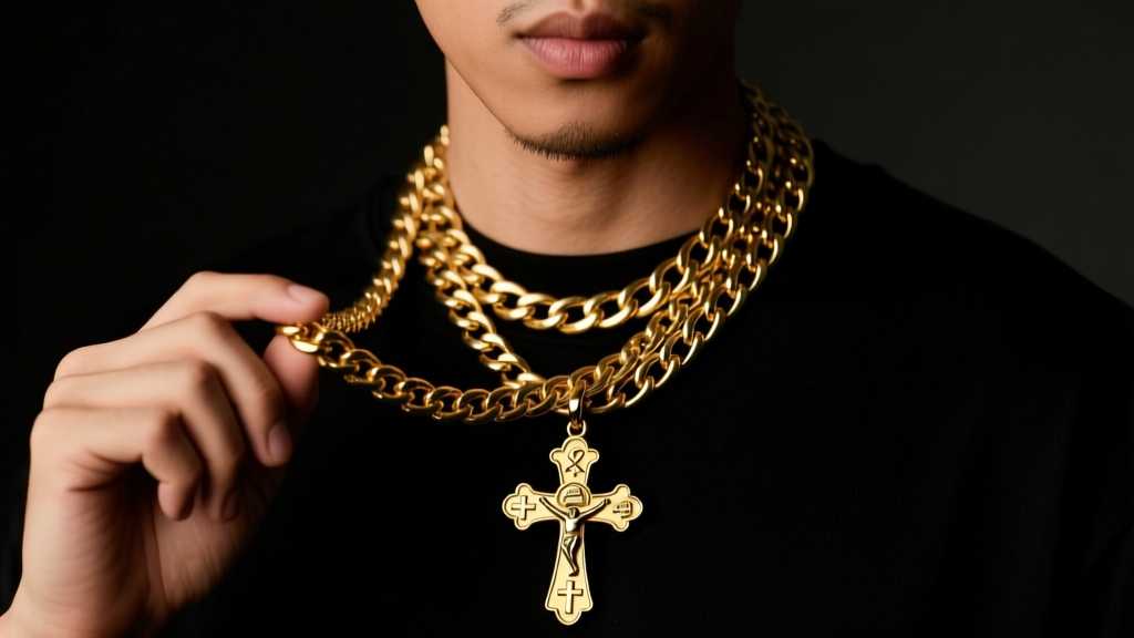 Person wearing a layered 4mm Cuban link chain holding a heavy pop-culture crossover cross pendant against a moody dark background