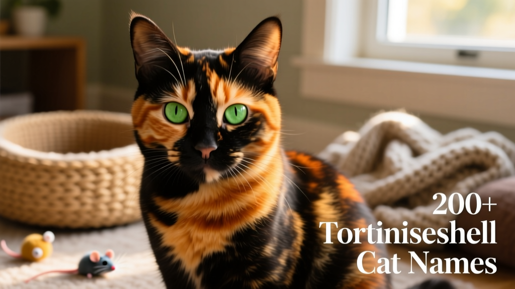 Close-up portrait of a vibrant tortoiseshell cat with swirling black and orange fur, gazing directly at the camera