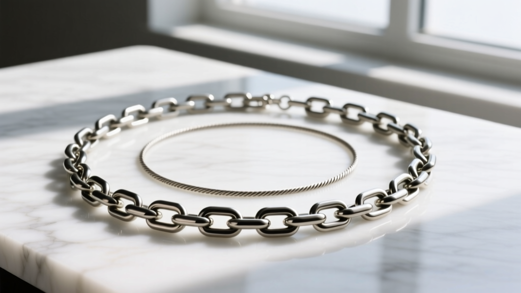 Flat lay of a 10mm paperclip chain chunky necklace layered with a 2mm cable chain on white marble under soft natural light.